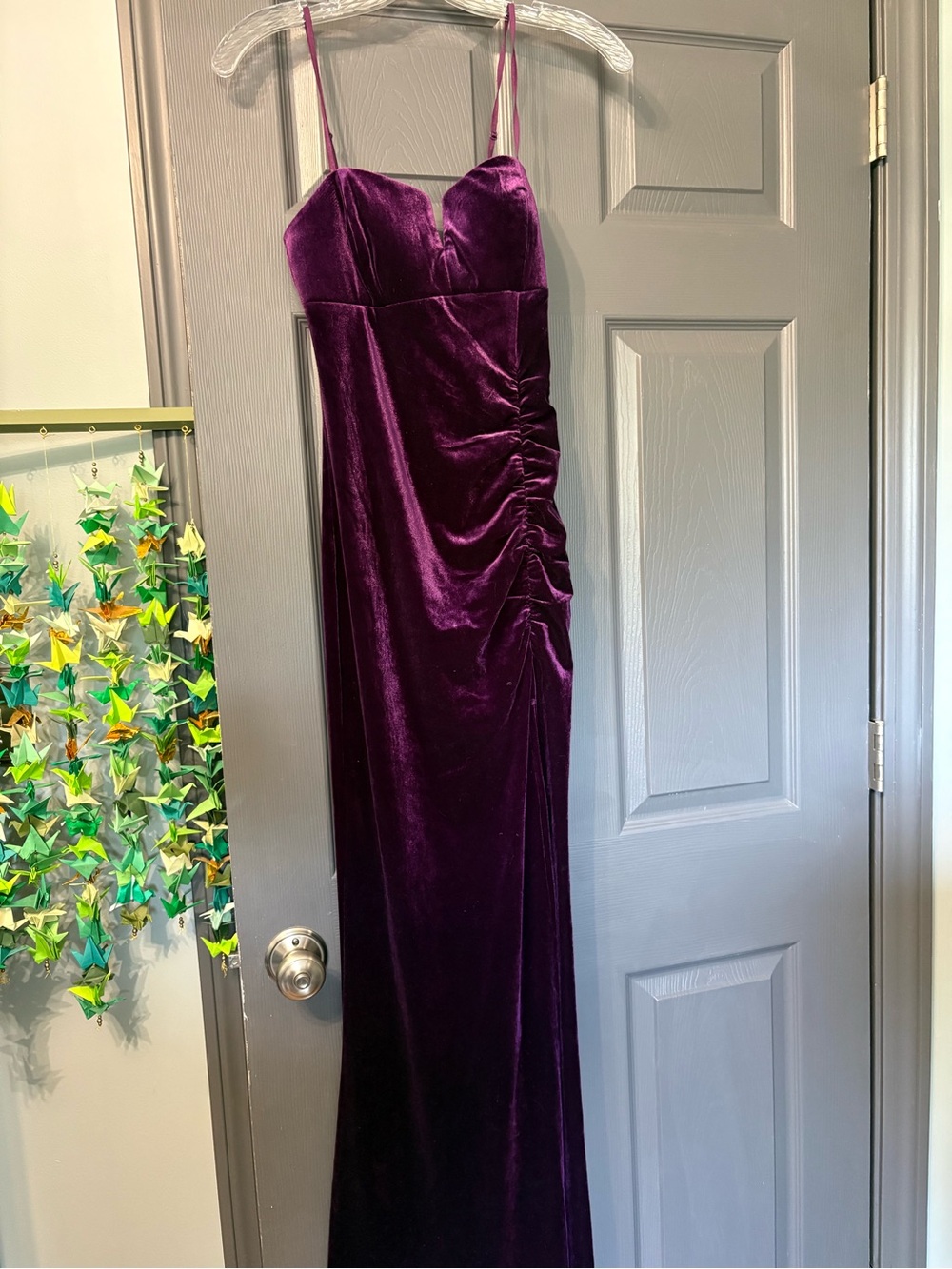 Emerald Sundae Velvet Strapless Evening Gown in Plum Purple